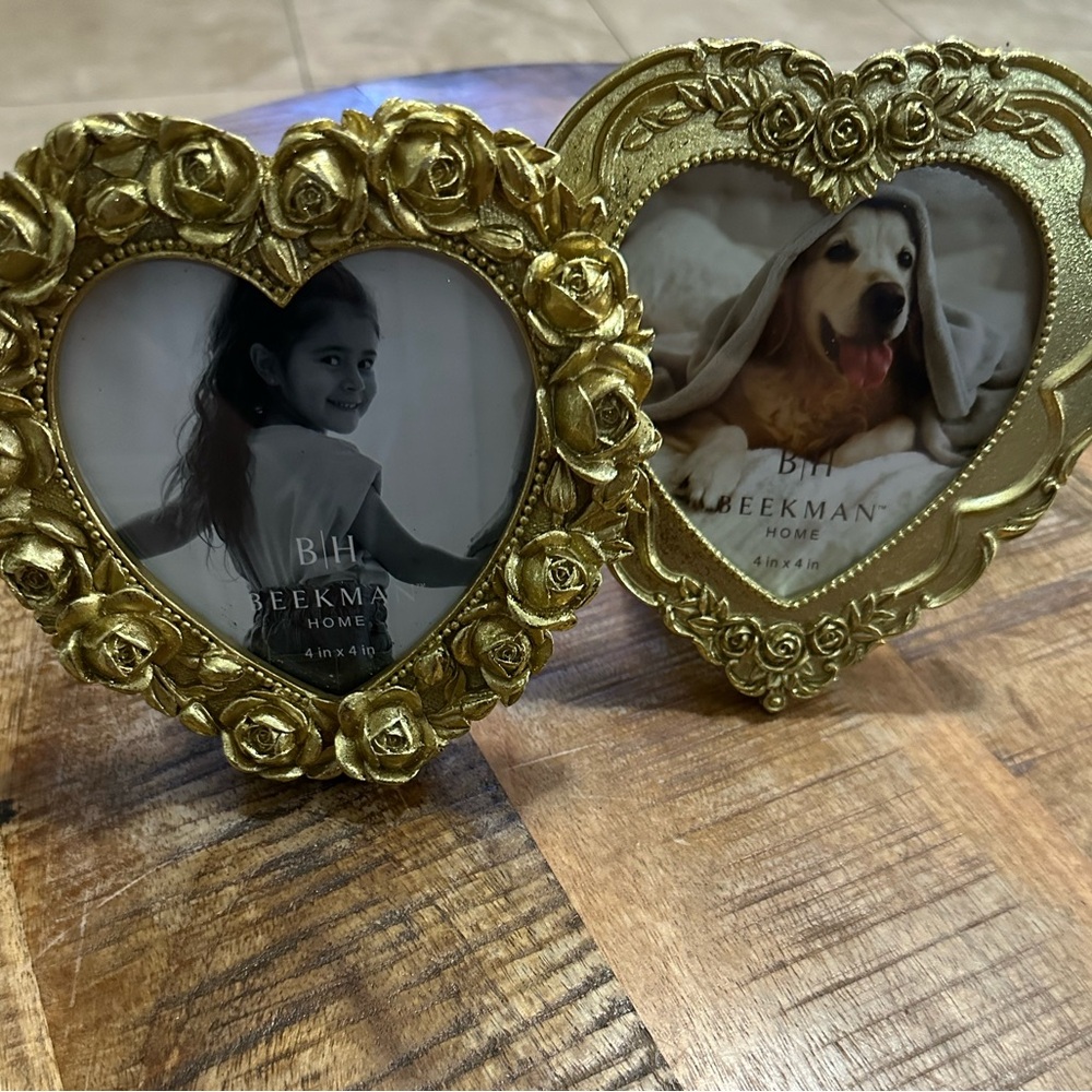 2 - Beekman Home Vintage French Style Gold Tone Heart Photo Frames 4”x4”